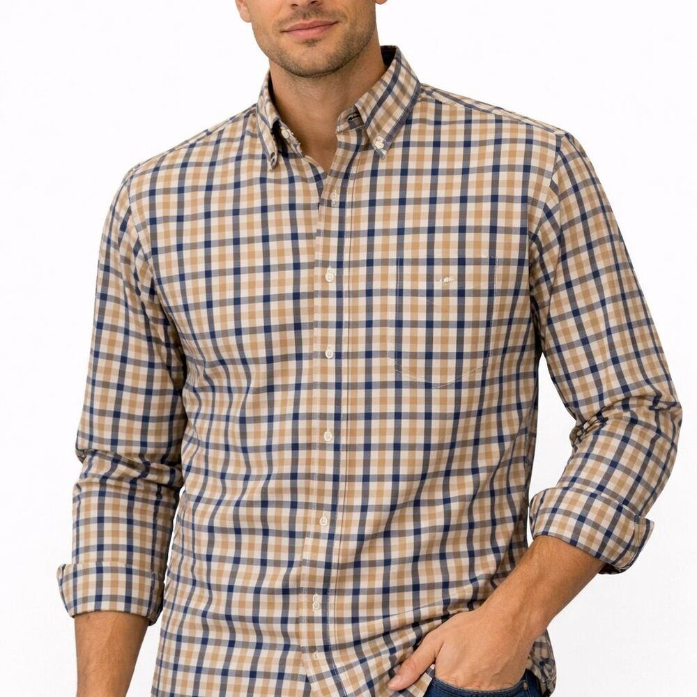 Beverly Hills Polo Club Shirt Mens M Tan Navy Plaid Button Down Long Sleeve
